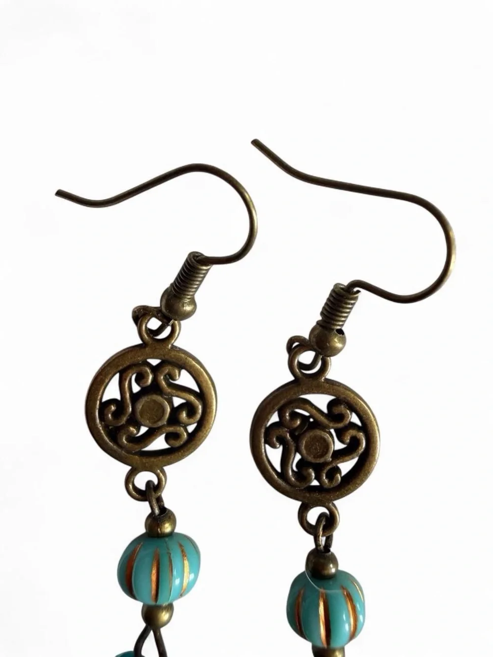 Handmade Vintage-Style Bronze Medallion & Blue Leaf Dangle Earrings